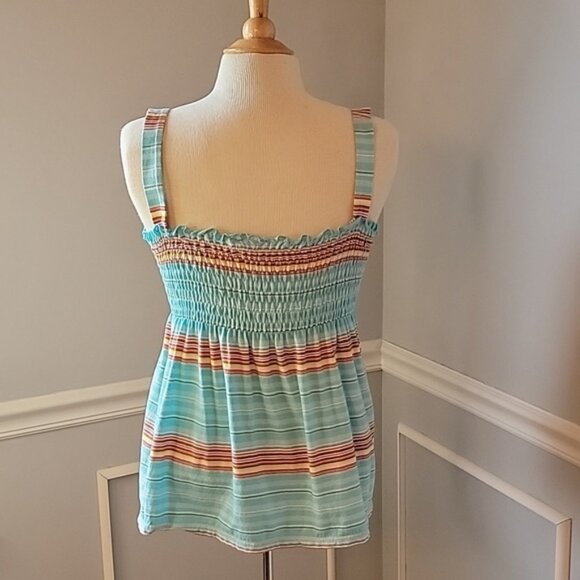 ROXY Retro Boho Aqua Striped Smocked Flowy Sleeveless Baby Doll Summer Top Sz L - Picture 3 of 9
